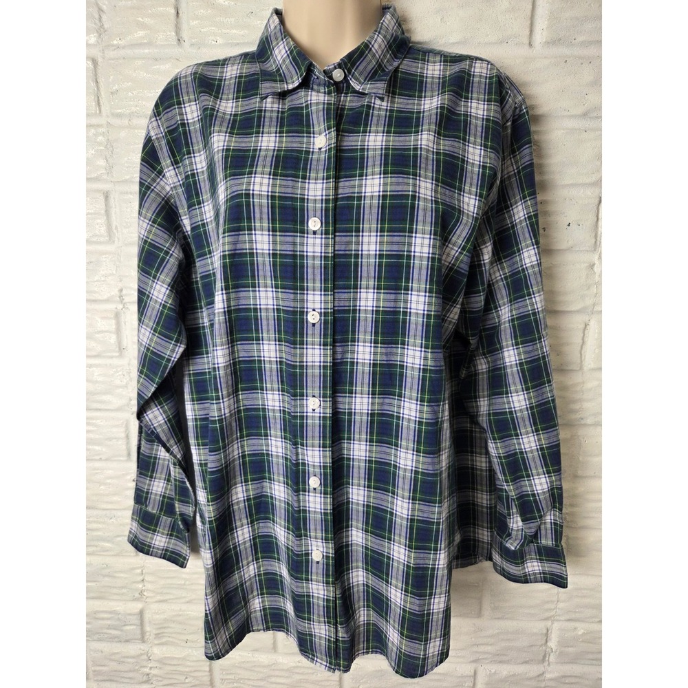 FOXCROFT button up blouse Women's size 12 Plaid Blue Green long sleeve Flip cuff - Picture 2 of 9